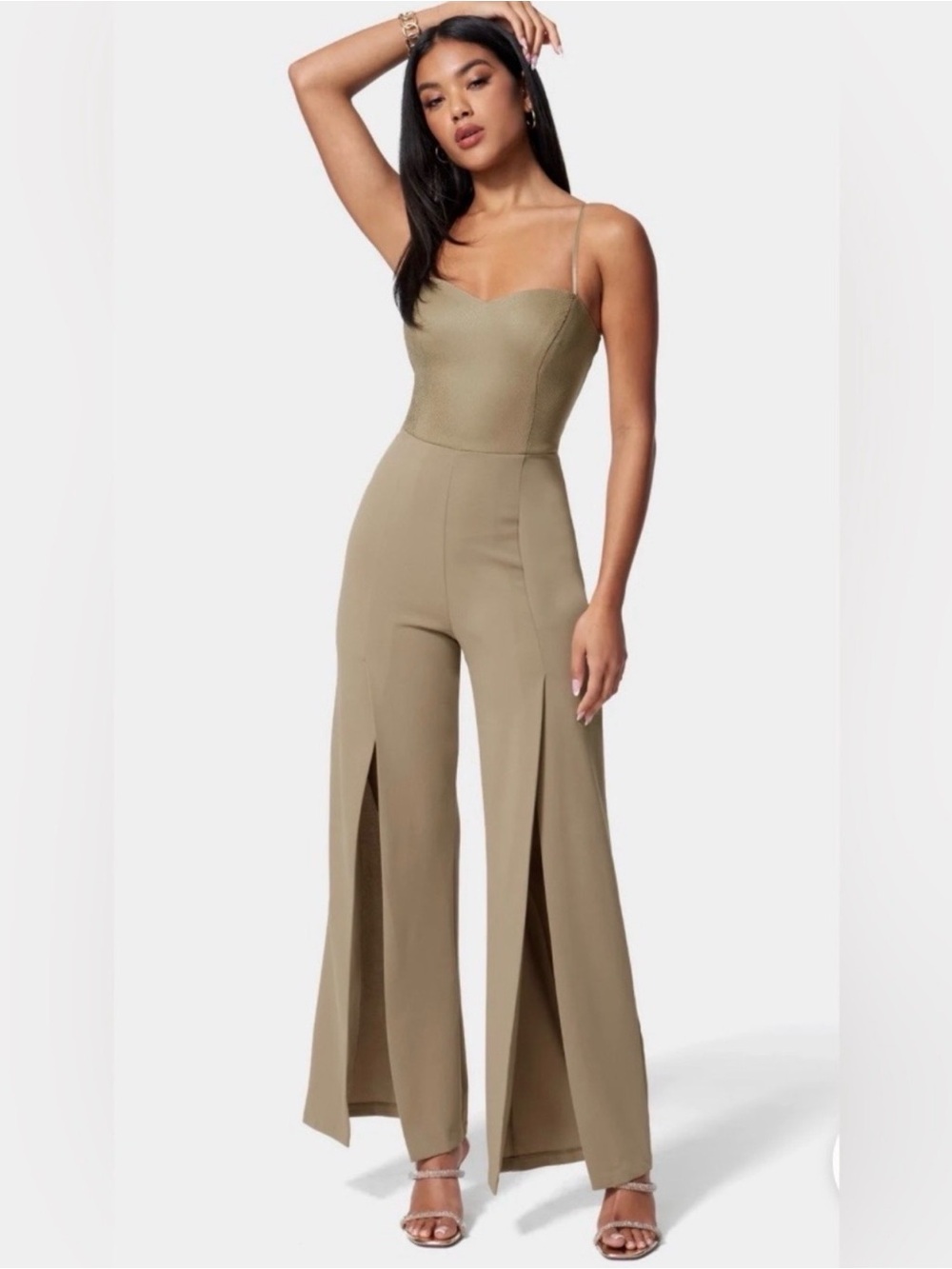 bebe Taupe Split-Leg Wide Leg Jumpsuit with Spaghetti Straps